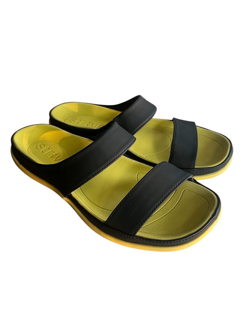 Strive Chia comfort slide sandals black leather yellow two-strap Size 6.5 to 7